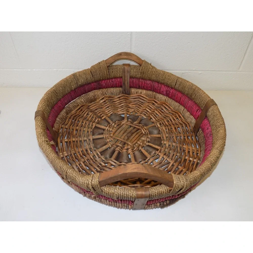 Large Vintage Woven Basket Tray w/ Wood Handles Red Accent Round Boho 20